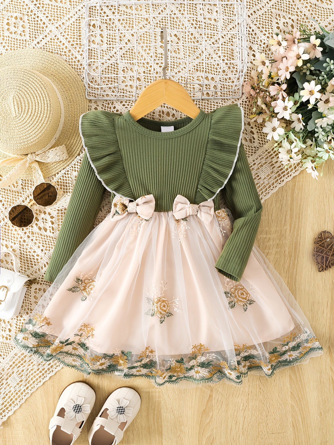 Girls' Ruffle Long Sleeve Bow Stitching Flower Mesh Tutu Dress