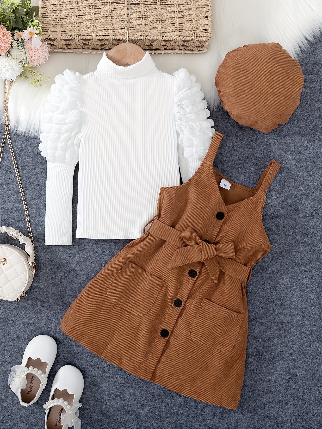 Puff Sleeve Turtleneck, Button-Up Jacket with Pockets, Suspender Dress & Belt