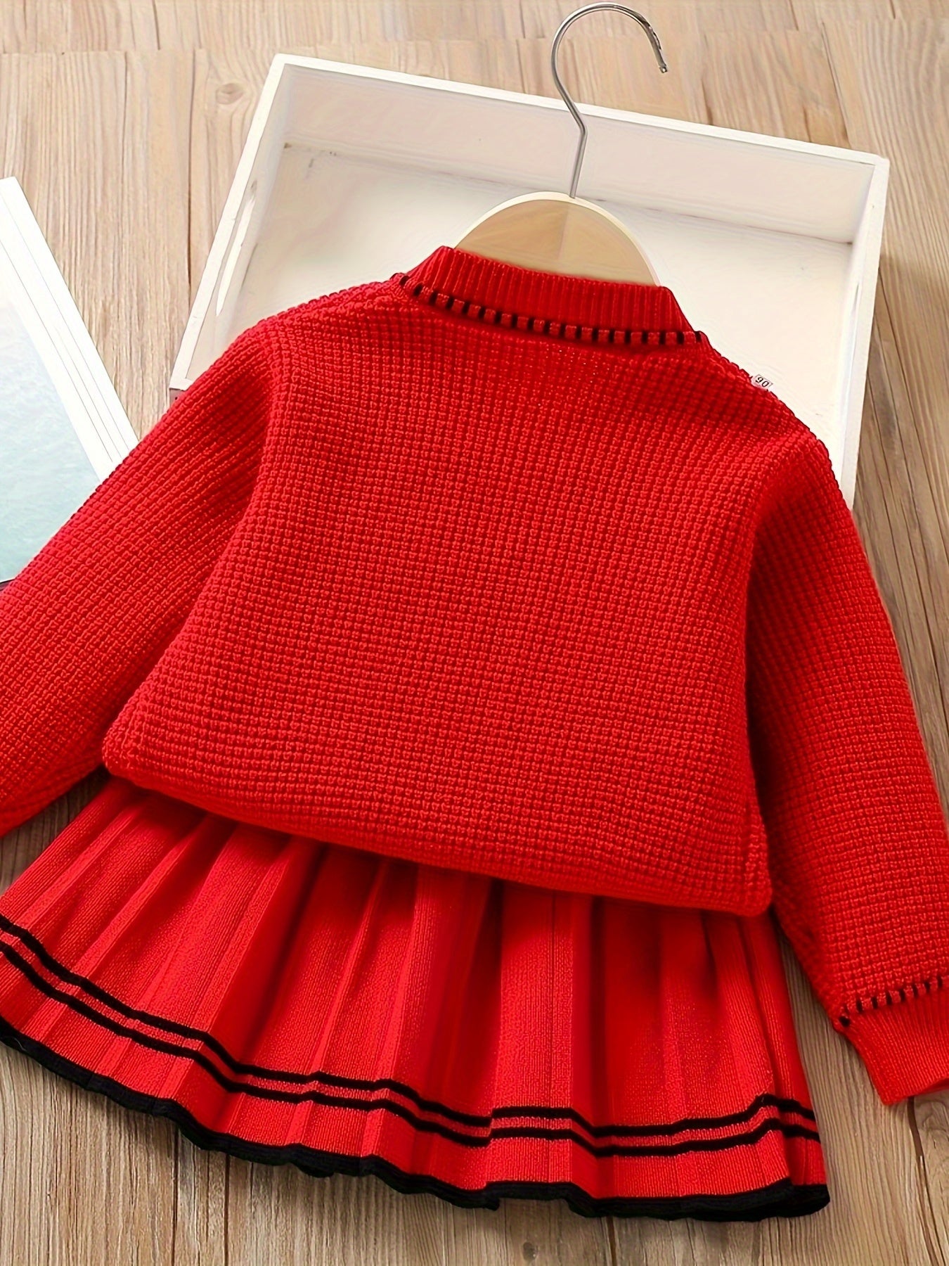 Elegant Cute Knited Set For Girls, Crew Neck Bow Collar Knit Cardigan + Skirt