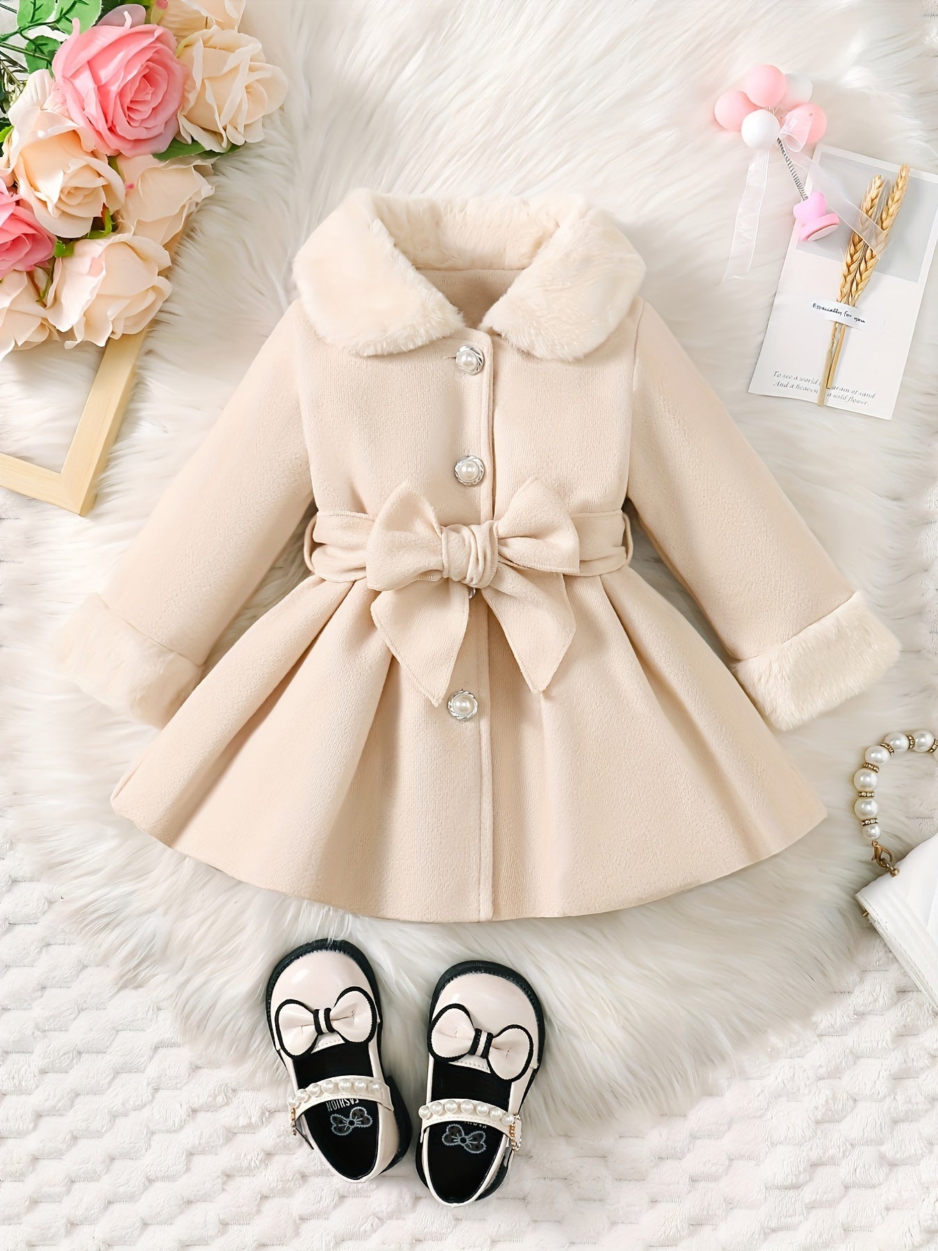 Baby's Elegant Fuzzy Collar Belted Coat, Button Front Warm Overcoat