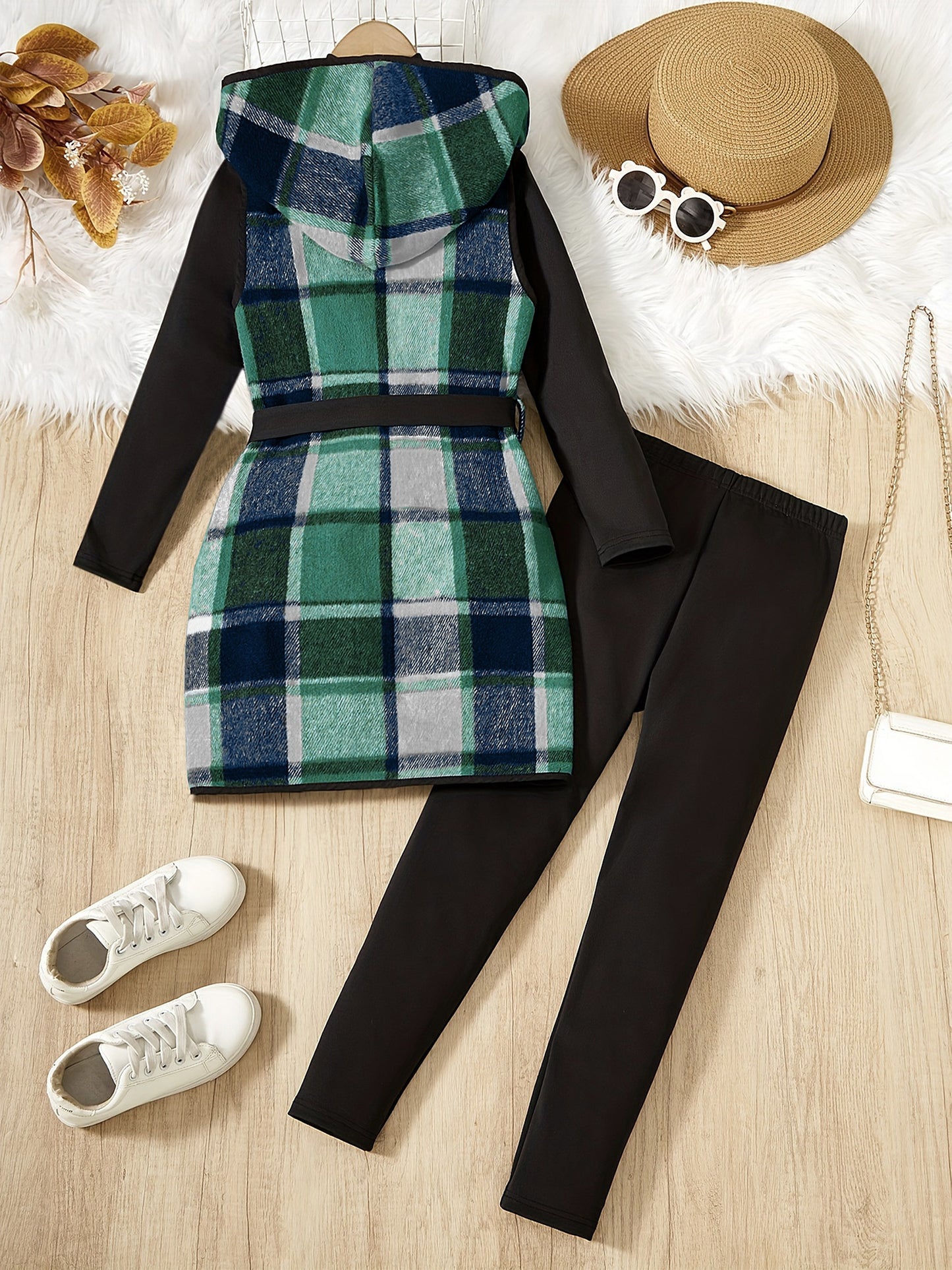 Elegant Plaid Hooded , Long Sleeve Pullover, Trousers