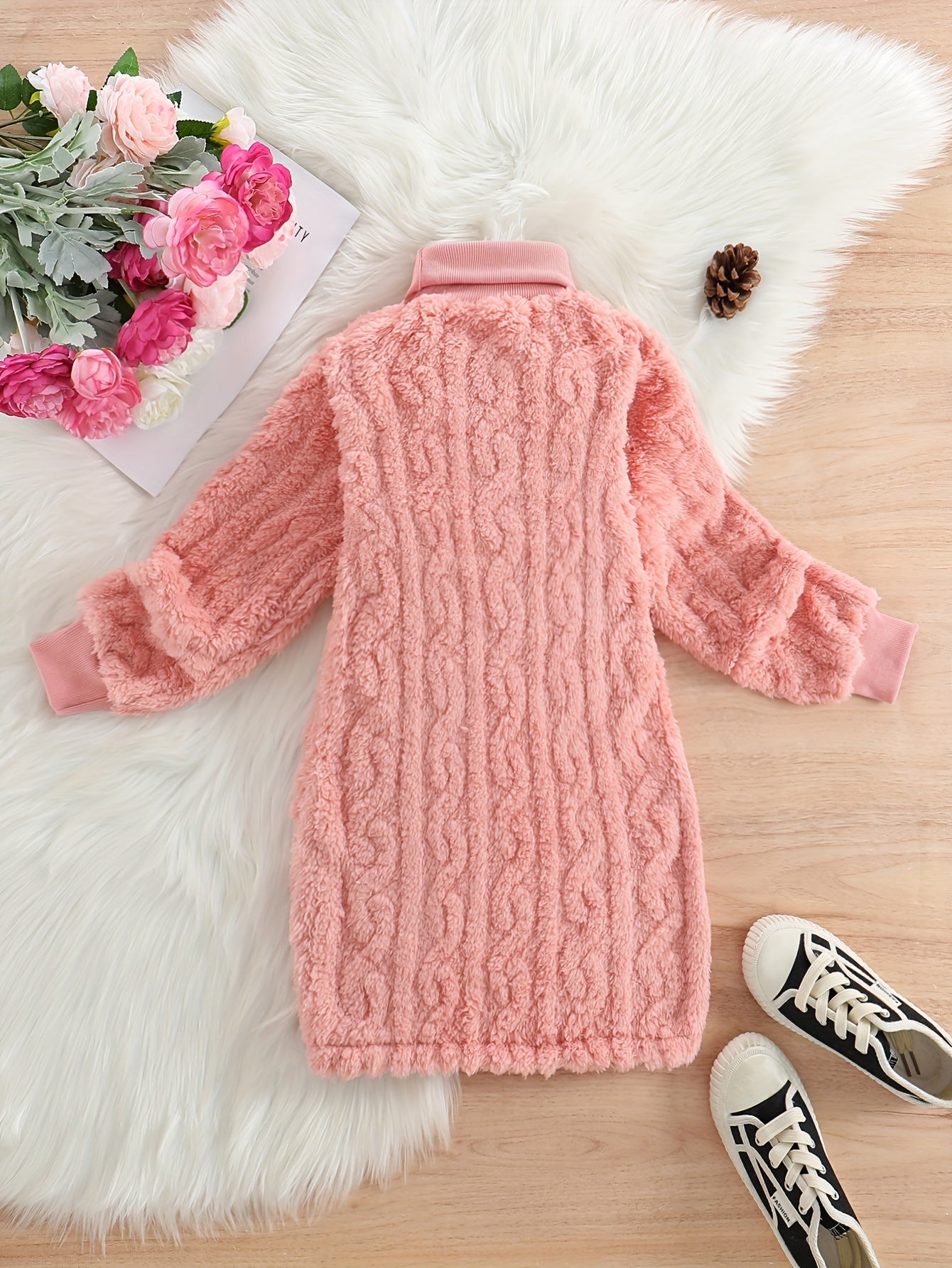 Girls Winter Thickened Fleece Turtleneck Dress