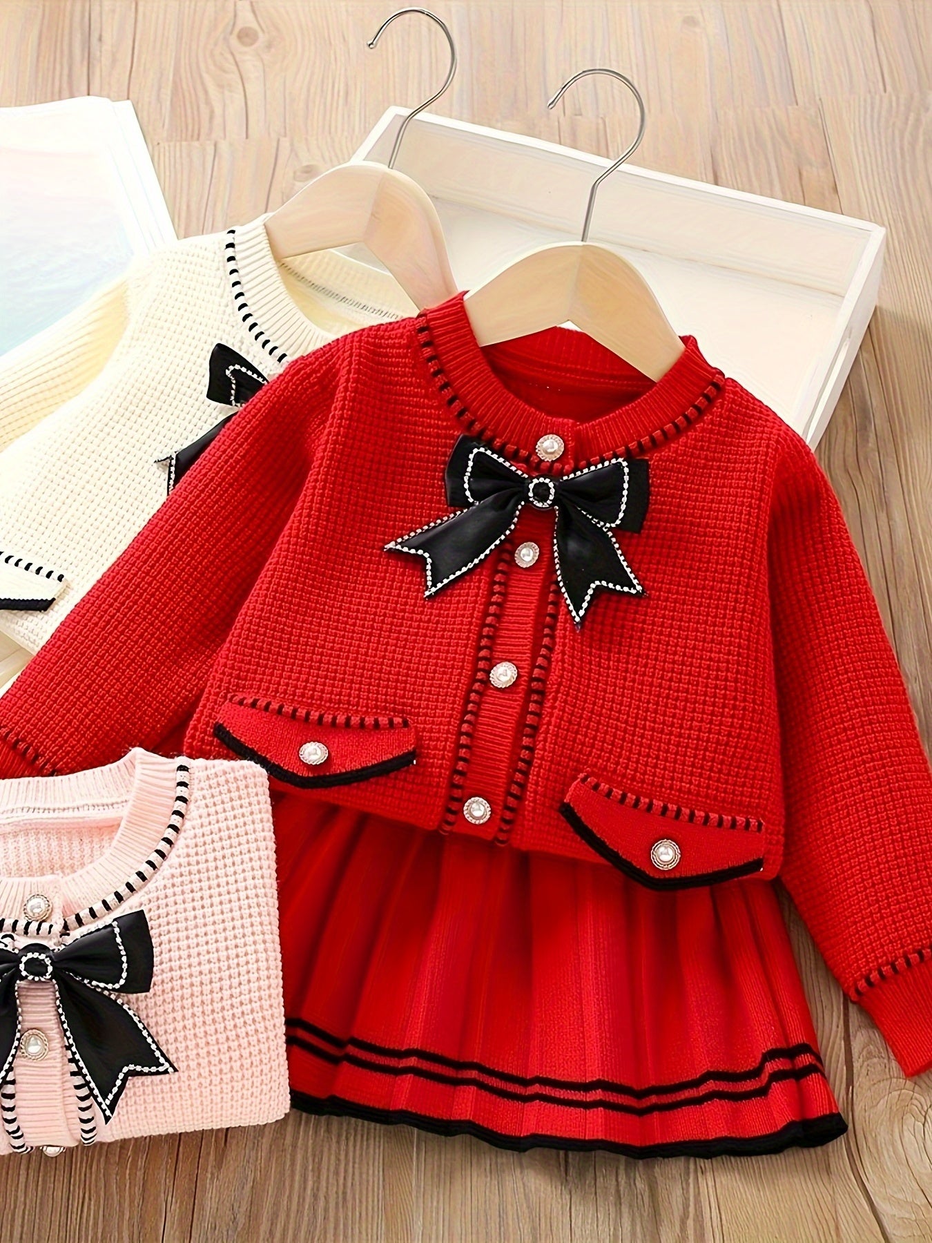 Elegant Cute Knited Set For Girls, Crew Neck Bow Collar Knit Cardigan + Skirt