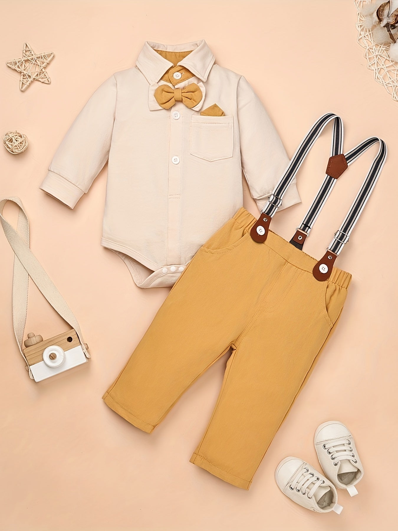 GentlemanLong Sleeve Shirt Romper + Strap Pocket Pants + Bowtie Casual Party