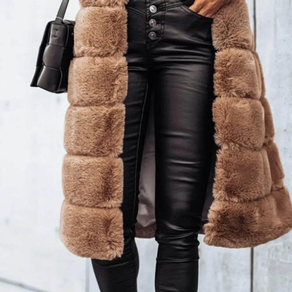 Autumn Winter Women Jacket Vest Solid Color Round Neck Faux Fur Coat Thick Crew Neck Outerwear Plush Jacket for Women