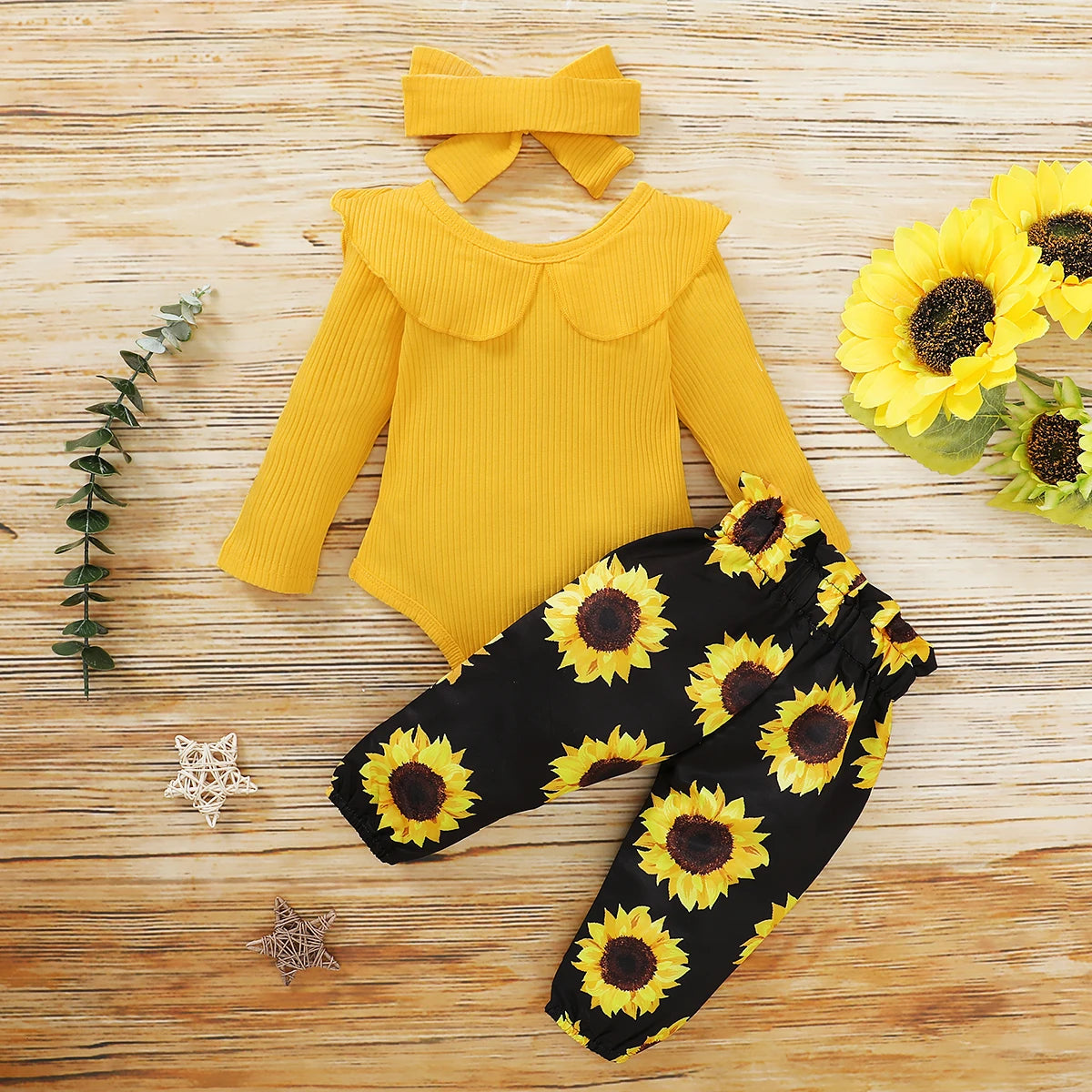 Citgeett Autumn Infant Baby Girls Set Clothes Yellow Flared Long Sleeve Jumpsuit+Sunflower Bow Long Pants+ Headband Sping