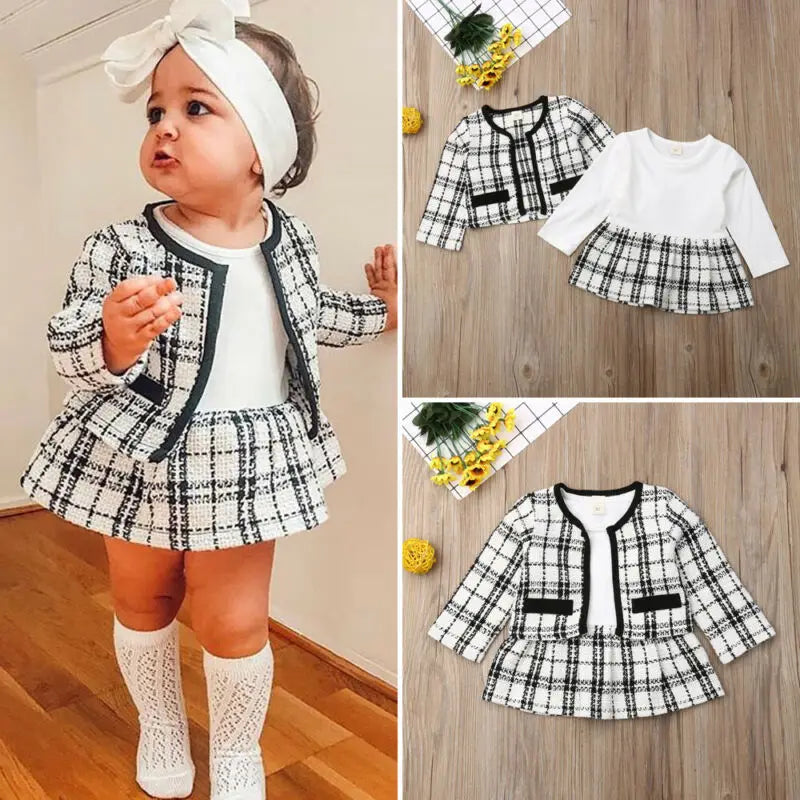 Party Kids Clothes For Baby Girl Fashion Pageant Plaid Coat Tutu Dress Outfits Suit Toddler Girl Clothing Set