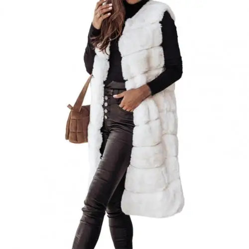 Autumn Winter Women Jacket Vest Solid Color Round Neck Faux Fur Coat Thick Crew Neck Outerwear Plush Jacket for Women