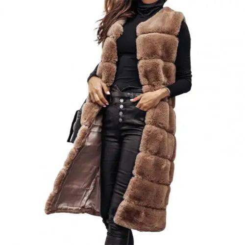 Autumn Winter Women Jacket Vest Solid Color Round Neck Faux Fur Coat Thick Crew Neck Outerwear Plush Jacket for Women