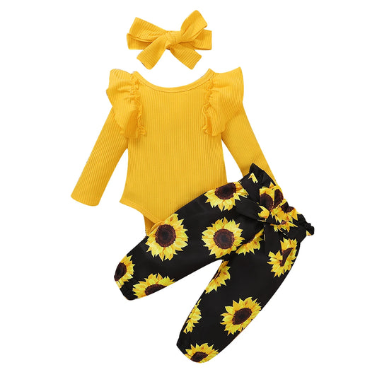 Citgeett Autumn Infant Baby Girls Set Clothes Yellow Flared Long Sleeve Jumpsuit+Sunflower Bow Long Pants+ Headband Sping