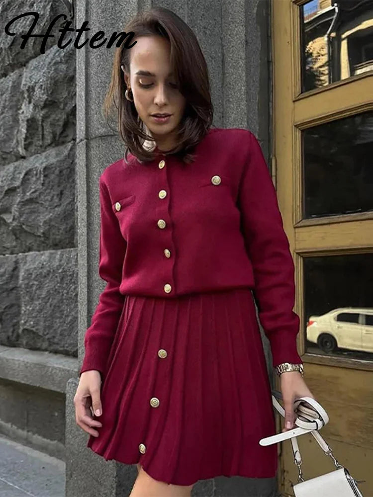 Elegant Button Coat Mini Skirt Women Set Slim Burgundy Red O-neck Single Breasted Top Skirts Sets 2024 Autumn New Lady Outfits