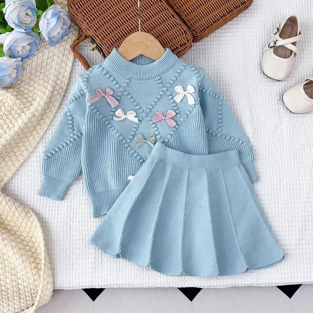 Winter Cute Bow Tie Sets Round Neck Long Sleeved Sweater+A-line Skirt Two-piece Sets Korean Version College Style Girls Clothes