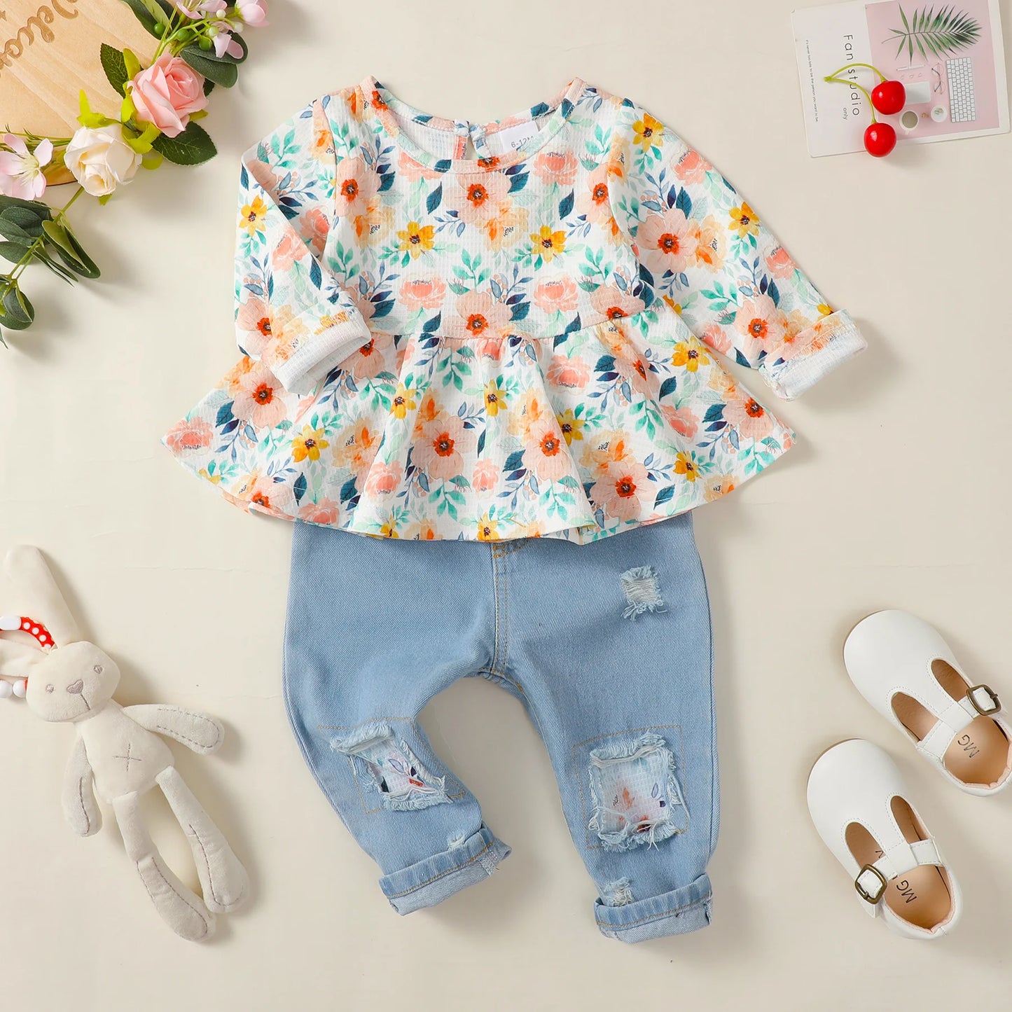 Toddler Girl Fashion 2Pcs Clothing Set Long Sleeve Floral Blouse+Ripped Holes Jeans Spring&Autumn All Match Suit