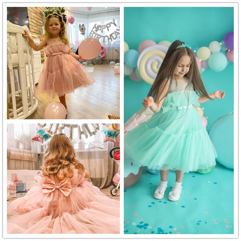 Girls Wedding Princess Dress Baby Kids Elegant Party Tutu Fluffy Prom Gown Children Bridesmaids Evening Tulle Birthday Dresses