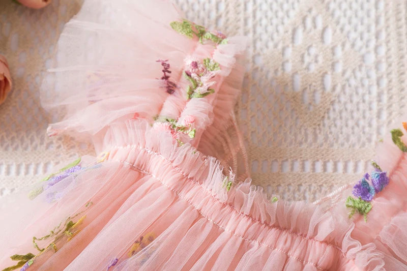 Fashion Dress Holiday Girls Suspender Puffy Mesh Clothes Children Flower Wear Princess Embroidery Tulle Dress