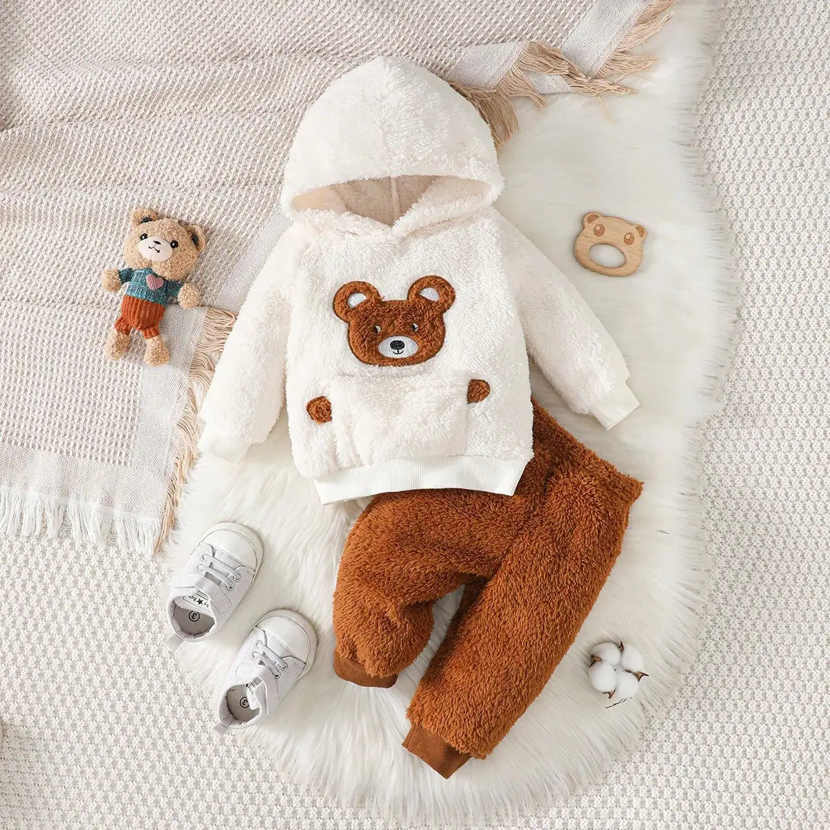 Baby Girl Cute Little Bear Fur Thick Design Suitable For Travel 2-Piece Set