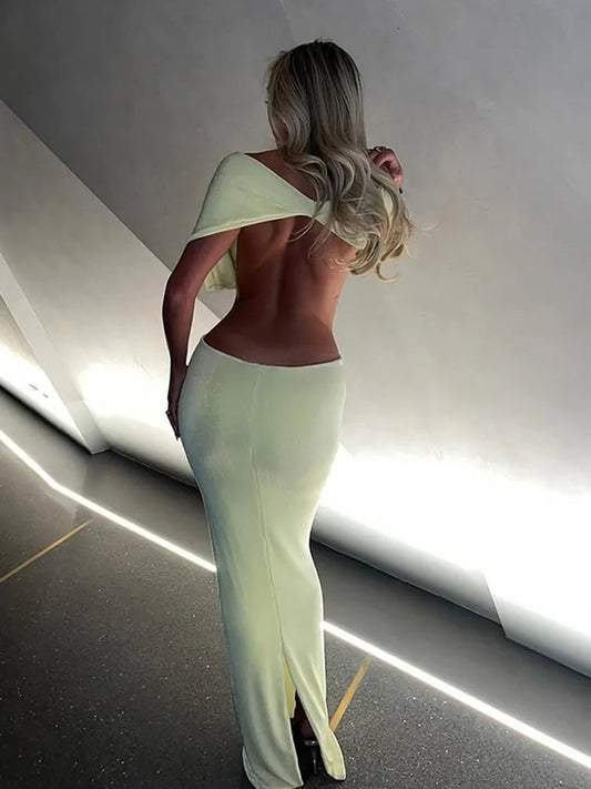 Women Elegant Strapless Hollow Waist Maxi Dress Fashion Backless Pleated Bodycon