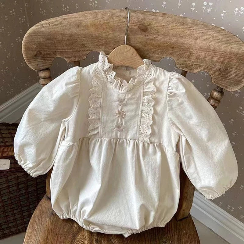 Baby Romper Girls Long Sleeve Jumpuit Clothing Girl Beige Petal Collar Bodysuit