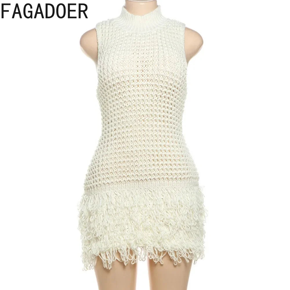 FAGADOER Fashion Tassels Hollow Out Splicing Mini Dresses 2024 Women Round Neck Sleeveless Slim Vestidos Elegant Lady Clothing