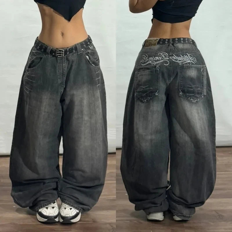 Streetwear Fashion New Letter Graphic Embroidery Baggy Jeans Women Y2K Gothic Harajuku Vintage Popular High Waist Wide Leg Pants