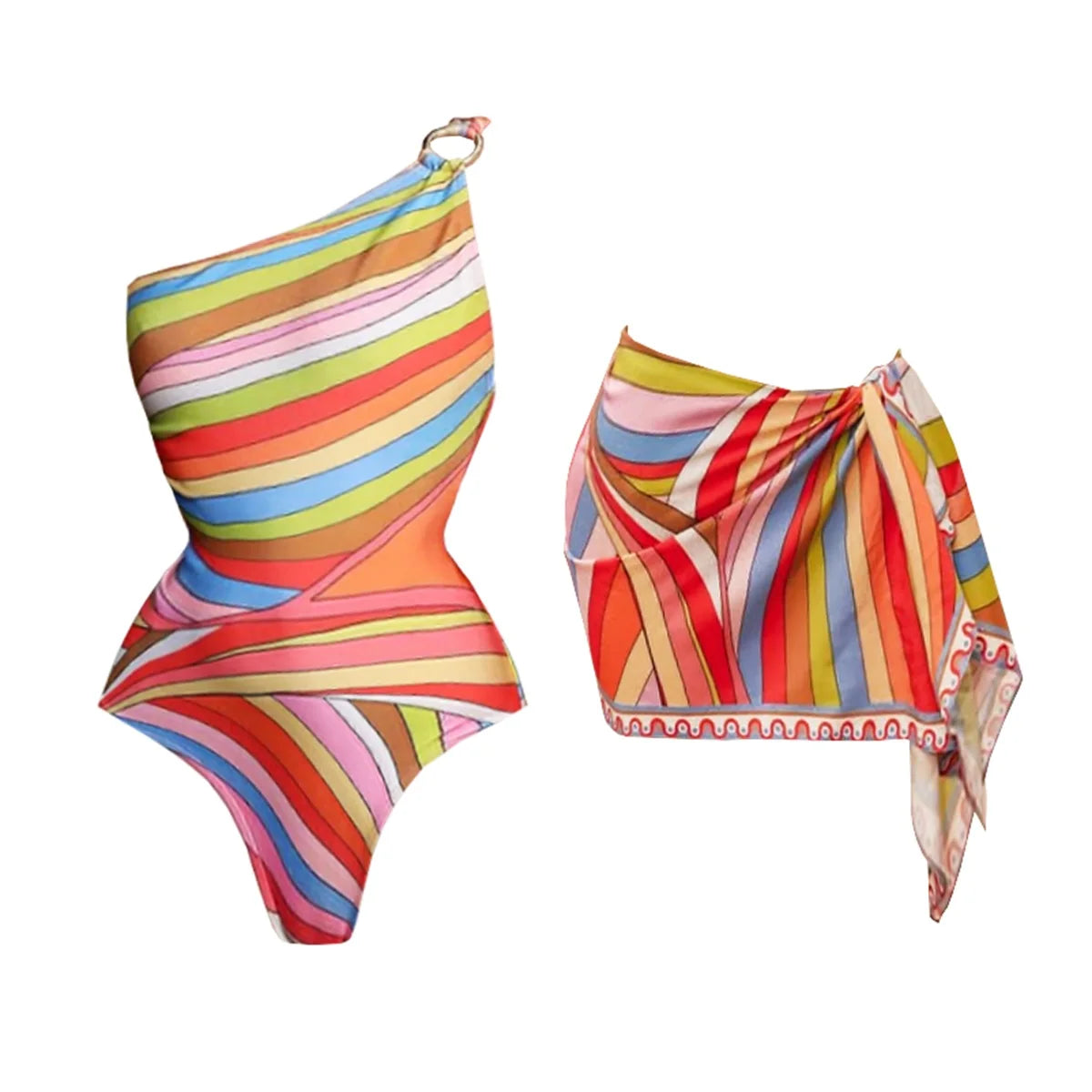 3Pcs Halter Bikini Sexy Women Swimsuit Bandeau Biquini Push Up Swimwear Female Printed Bathing Suits Beach Outfits Midi Skirt
