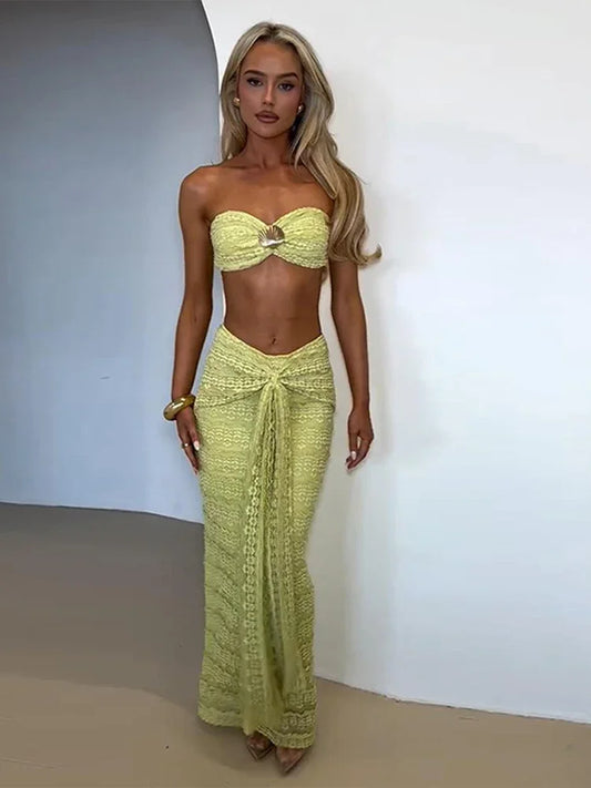 Pearl Mirage Beach Goddess Tube Crop & High Slit Ribbon Skirt Two-Piece Co-Ord