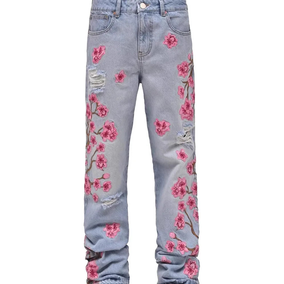 Men Ripped Holes Floral Patchworks Denim Pants Male's Fashion Clothes