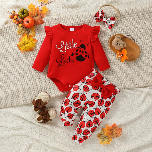 Baby Girl Fashion Clothes Infant Long Sleeve Cartoon Ladybird Bodysuit +Pant Set+Headband 3PCS