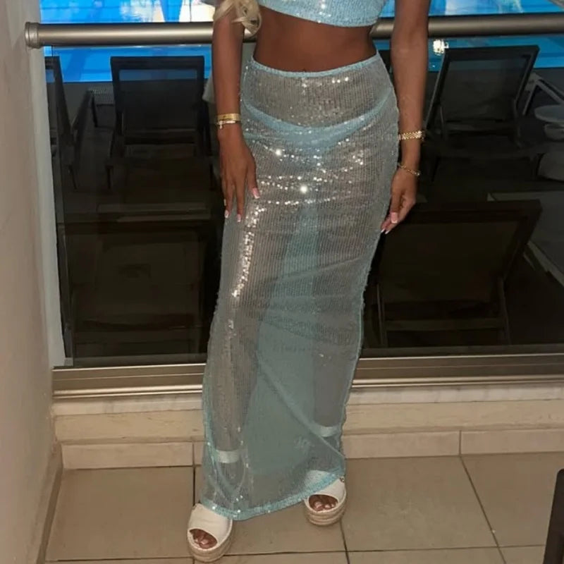 Radiant Siren Sheer Mesh Sequin Maxi Skirt Sparkly See Through Glam