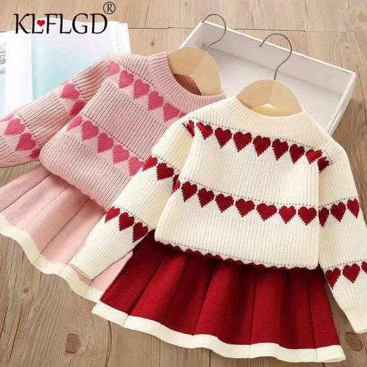 Girls Sweater Set 2024 Autumn/Winter New Korean Edition Western Love Girls Knitted Top+Pleated Skirt Knitted Two Piece Set