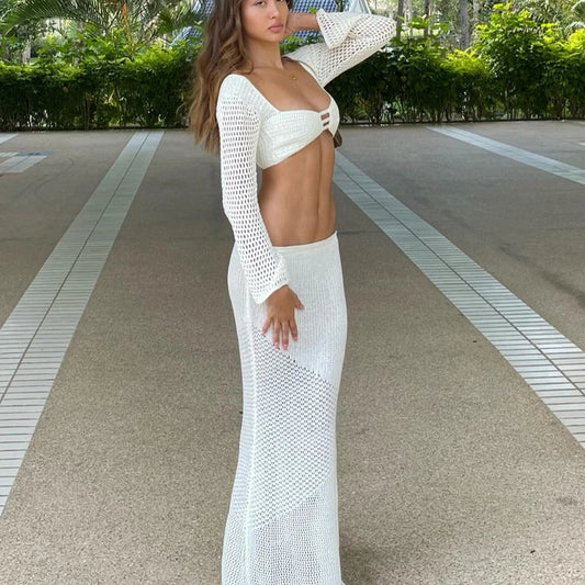 Bare Bliss Vintage Chic Tie-Up Backless Top + Hollow-Out Long Skirt Co-Ord