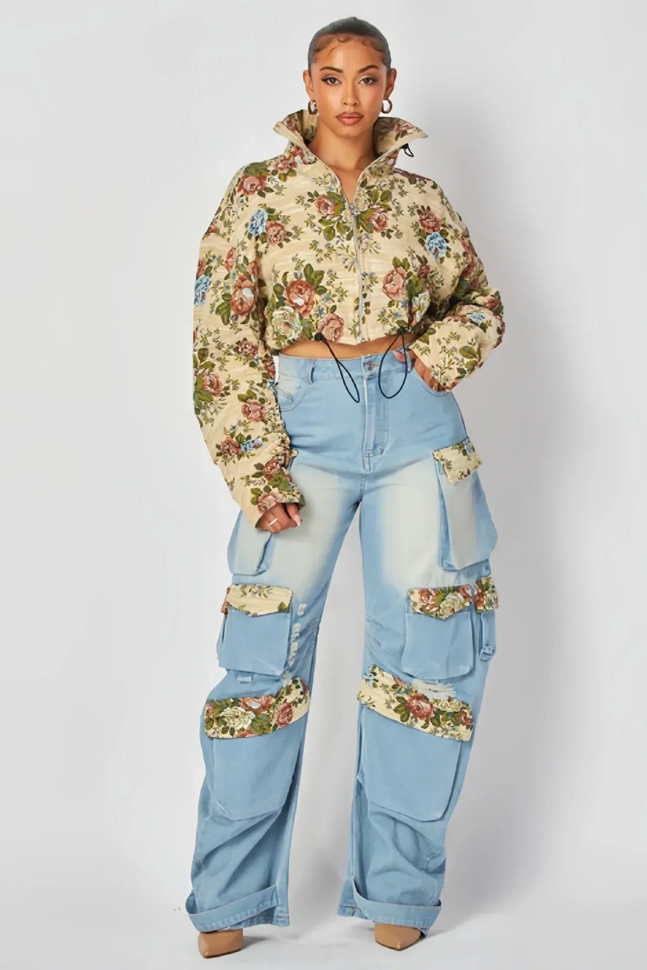 Denim Outfit Women Floral Patchwork Zipper Fly Drawstring Cropped Jacket + Pockets Cargo Jeans 2 Piece Set Streetwear Tracksuits