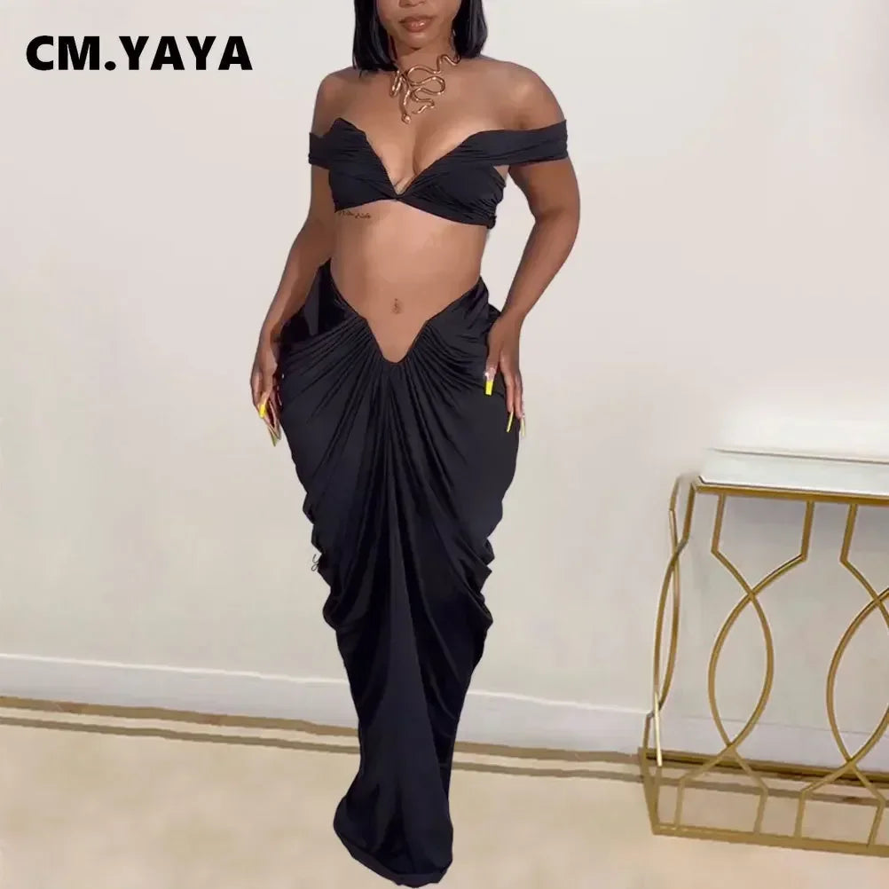 CM.YAYA Stacked Ruched Women's Set Off Shoulder Crop Top and Low Waist Maxi Long Skirts 2023 Sexy Party Two 2 Piece Sets Outfits