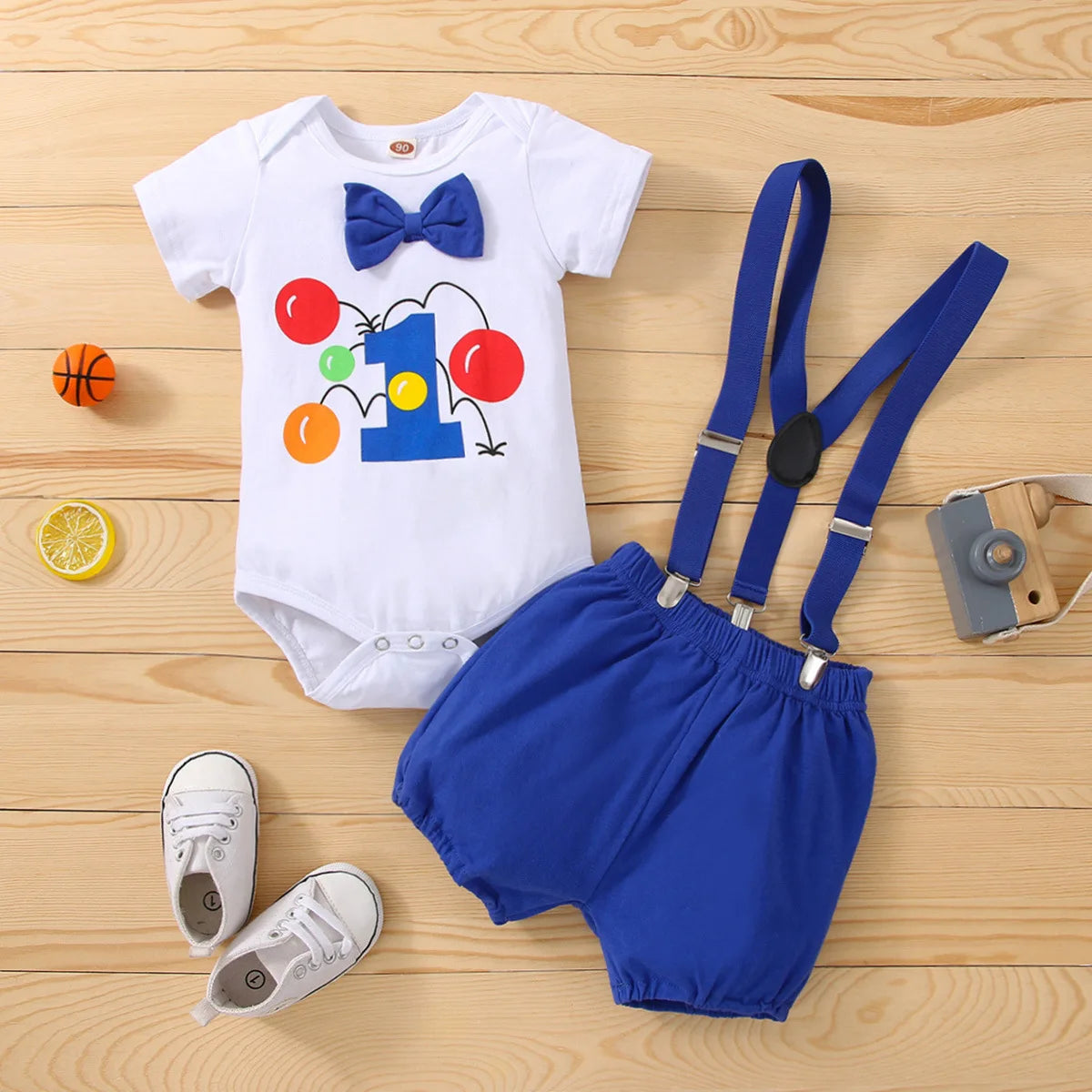 Baby Boys Birthday Outfits Sets Balloon Letter"1" Bodysuit and Y-back Suspender Shorts 1 Year Birthday Baby Cake Smash Clothes