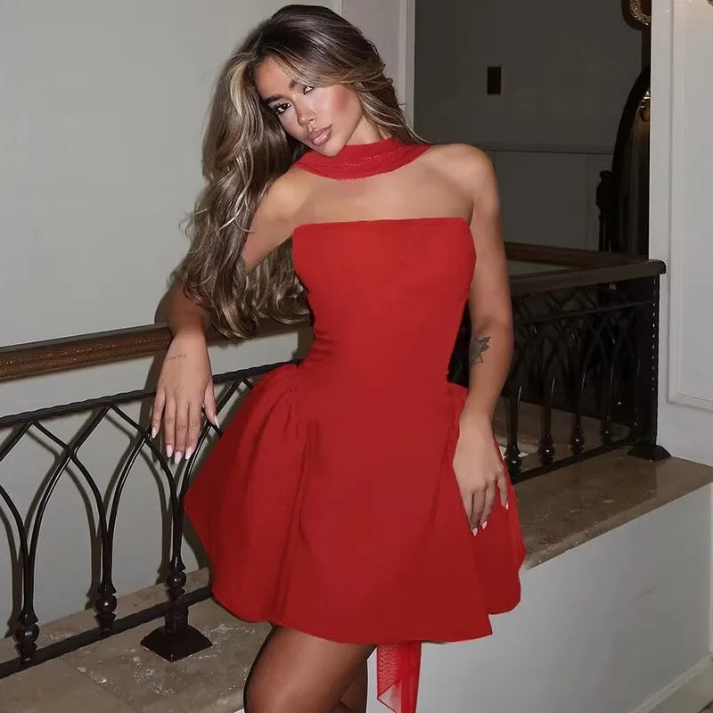 Pleated Dress Women Halter Mini  Dress V Neck Backless Dress