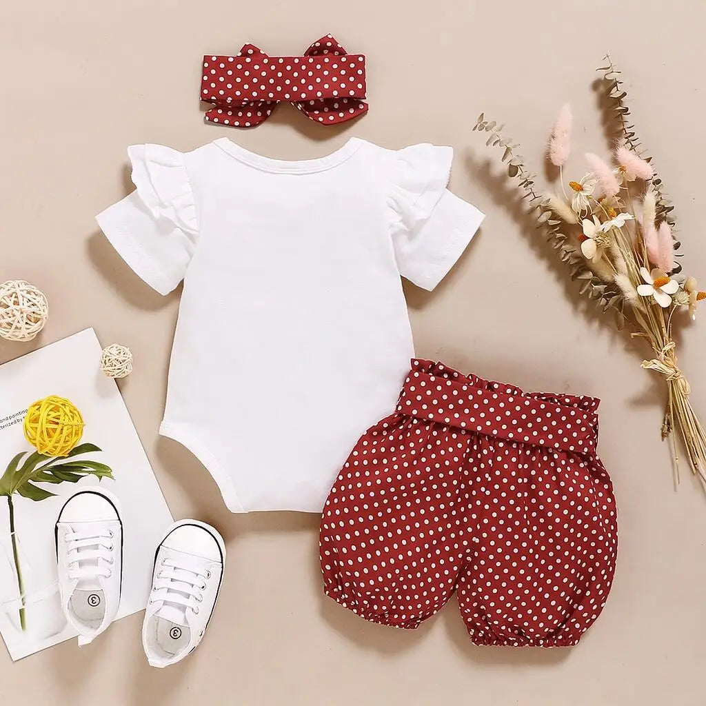 0-18 Month Newborn Baby Girls Clothes Romper Dot Pant with Elastic Waistband Infant Headband with Bow Knot 3PCS Cute Casual Set