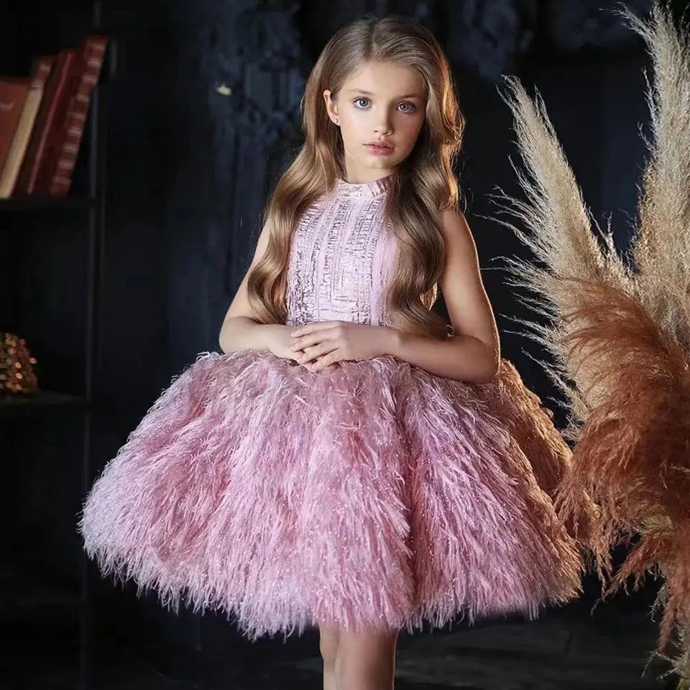 Jill Wish Luxury Champagne Girl Dress Feathers Dubai Kids Pink Wedding Birthday Communion Party Gowns vestido de Pageant J323