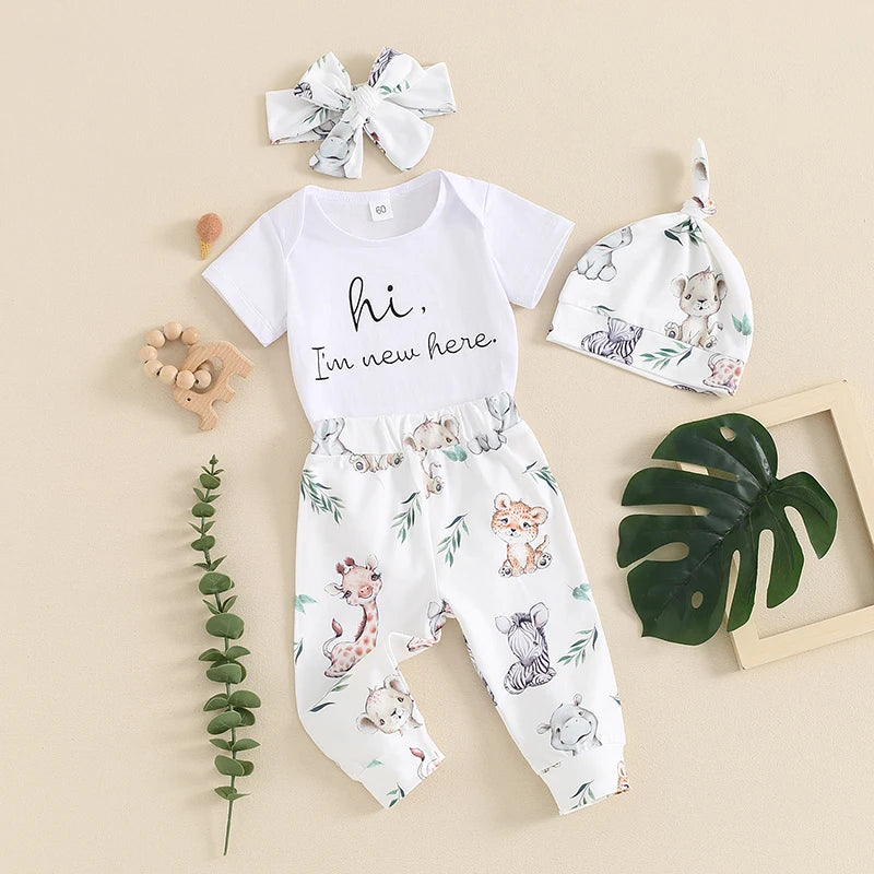 Baby's Outfits Short Sleeve Animal Print Romper + Pants + Headband + Hat Set Clothes