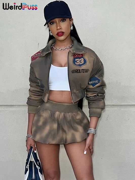 Women Letter Print Zip Jacket+Waistband Puffy Skirt Matching Street Casual Vintage Suit