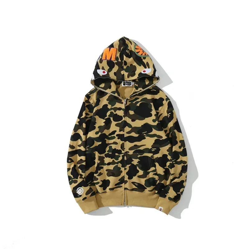 100% Cotton Trendy Shark Camouflage Zippered Hoodie for Men and Women Fine Embroidery Loose Fitting Pure Cotton Plush Hooded Ca