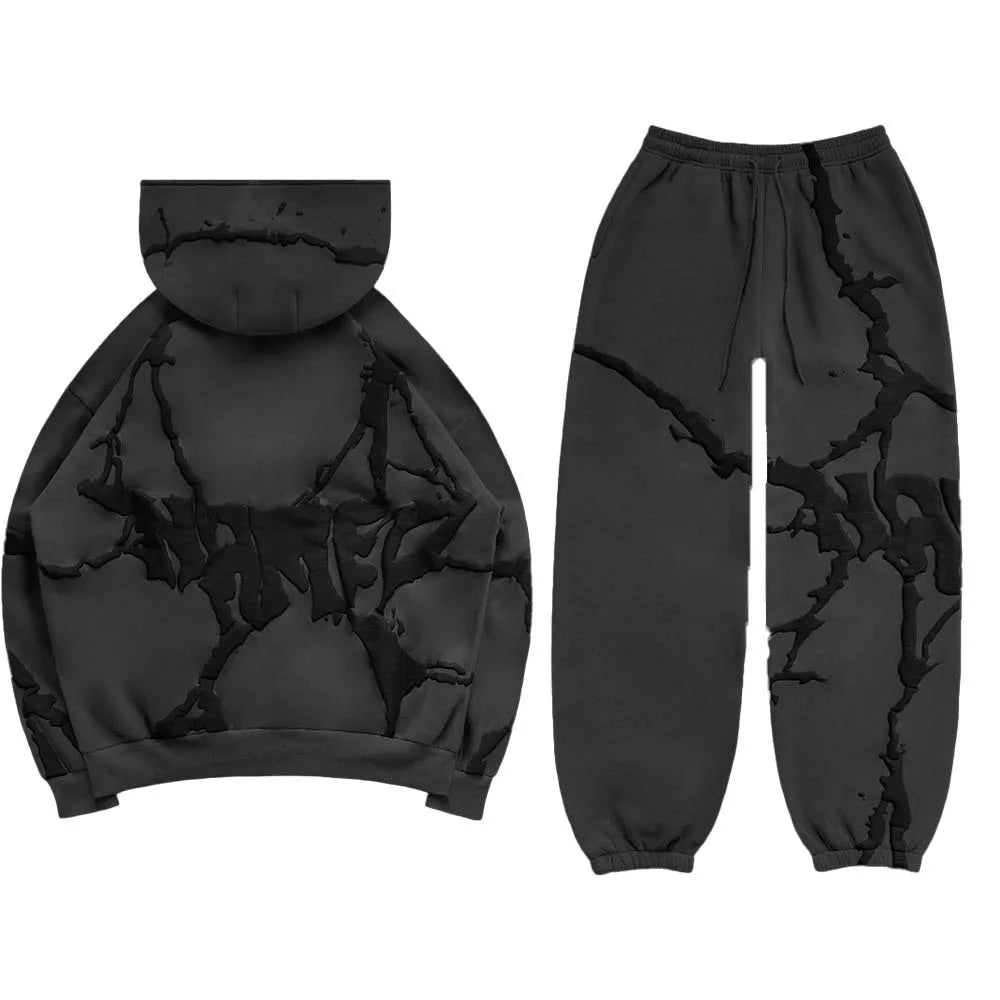 2024 European and American Cross border Autumn and Winter New Vintage Foam Printed Hoodie Thickened Loose Men's Set in Stock