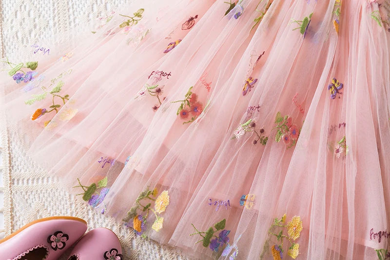 Fashion Dress Holiday Girls Suspender Puffy Mesh Clothes Children Flower Wear Princess Embroidery Tulle Dress