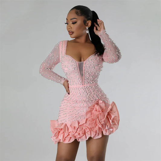 Mesh Sleeve Bodycon pretty Diamonds Birthday Party Dress Tierred Ruffles Rhinestone Pearls  Dress Pink