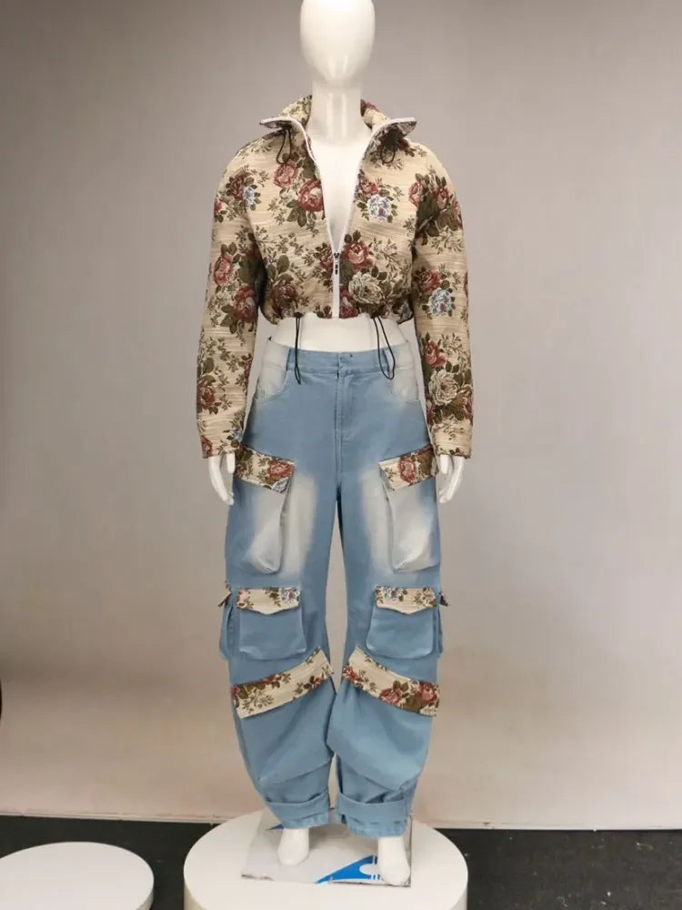 Denim Outfit Women Floral Patchwork Zipper Fly Drawstring Cropped Jacket + Pockets Cargo Jeans 2 Piece Set Streetwear Tracksuits