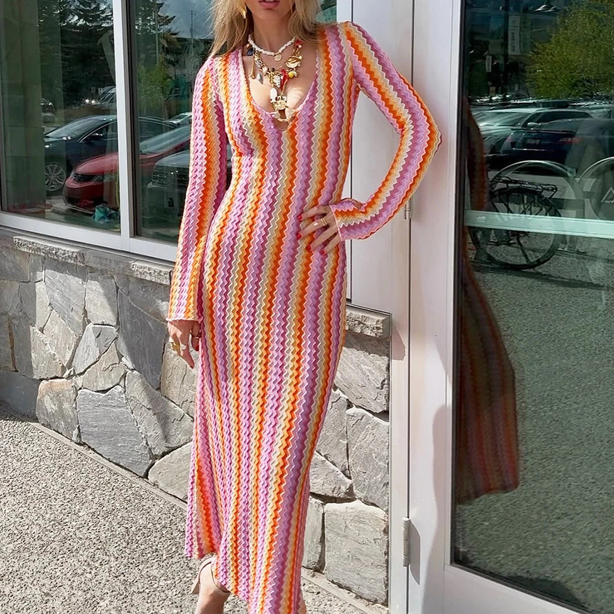 Waves & Whimsy – Elegant Vacation Maxi Dress with Flare Sleeves and Sultry V-Neckline
