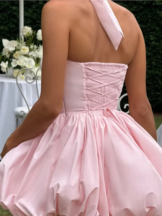 Blush Elegance Lace-Up Puff Hem Mini Dress