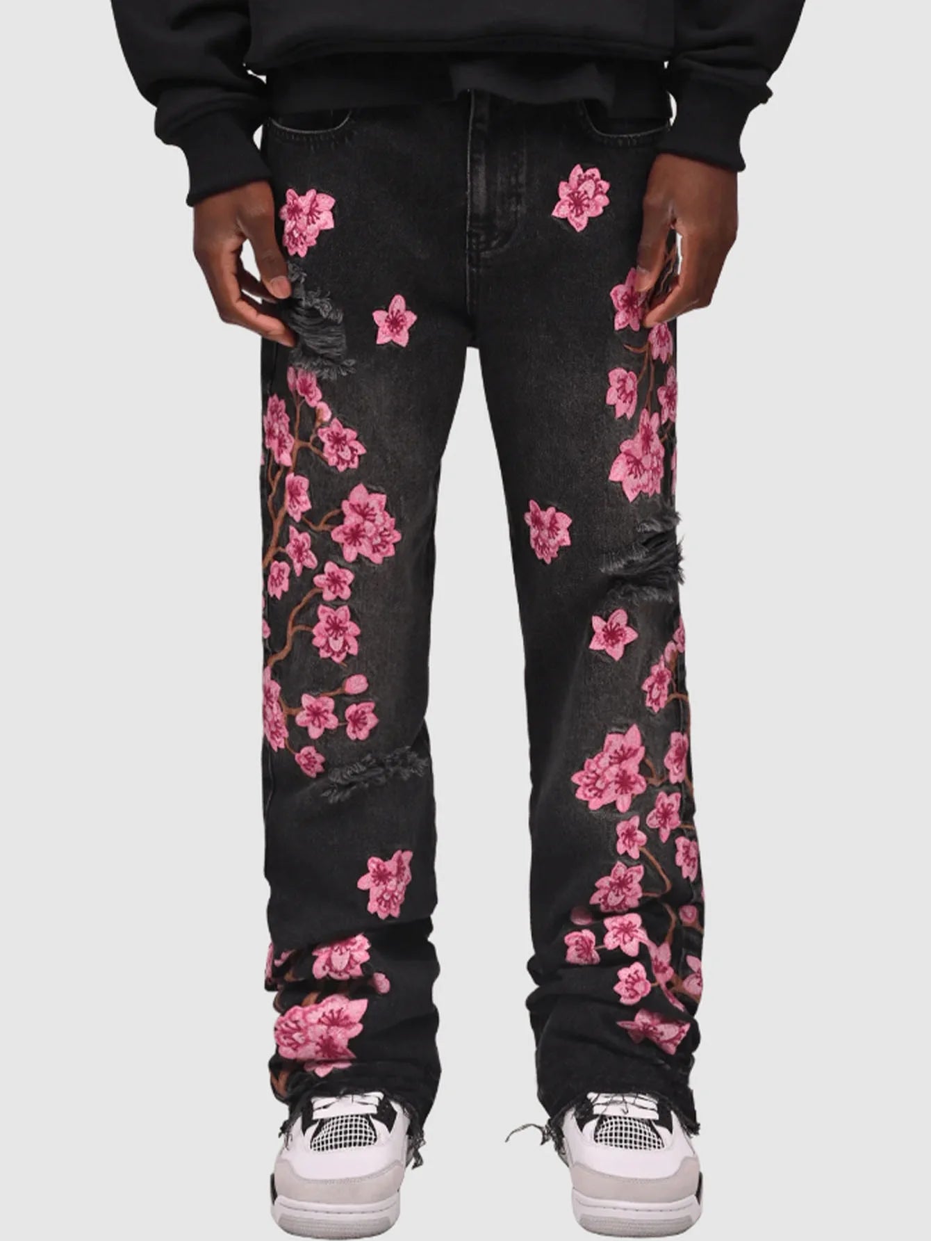 Men Ripped Holes Floral Patchworks Denim Pants Male's Fashion Clothes