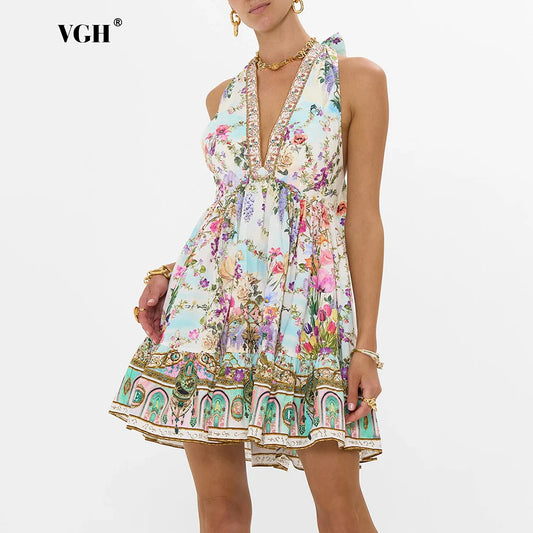 VGH Hotsweet Style Print Backless Mini Dress for Women Halter Sleevelesss High Waist Spliced Folds Party Holiday Dresses Female