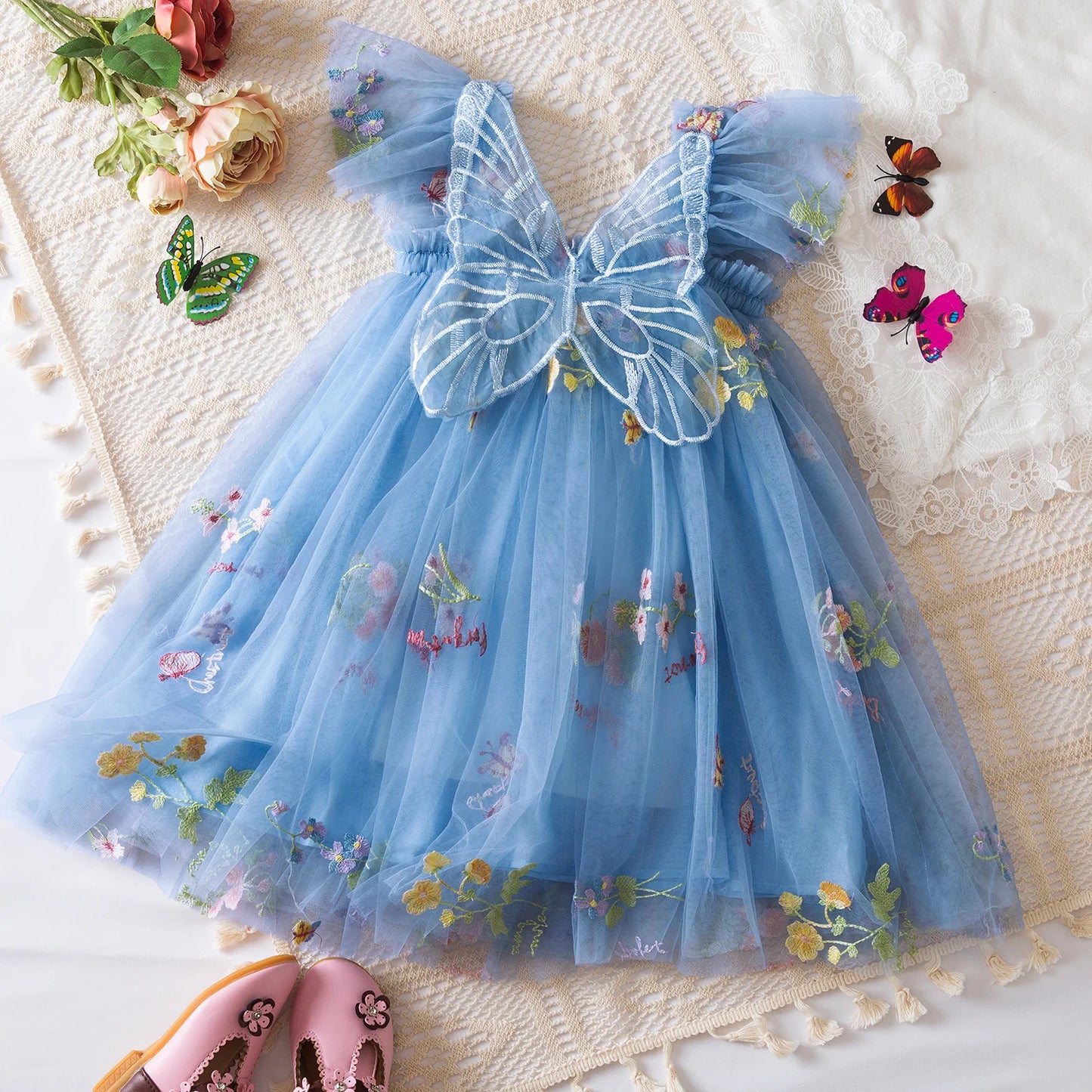 Fashion Dress Holiday Girls Suspender Puffy Mesh Clothes Children Flower Wear Princess Embroidery Tulle Dress