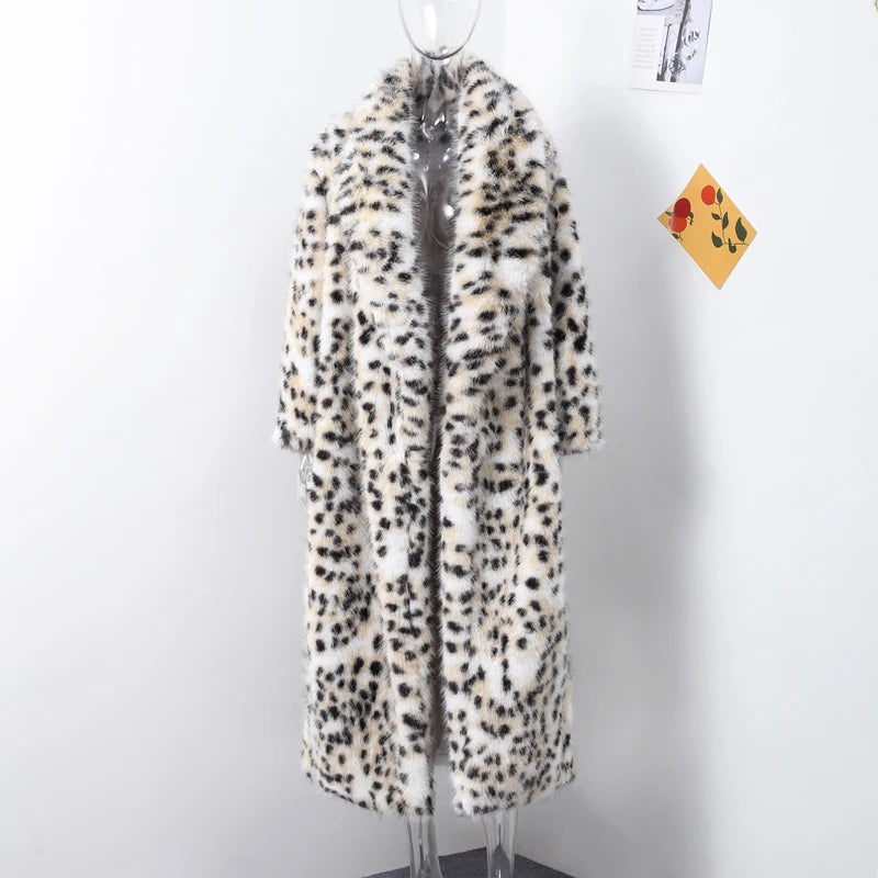 Retro Leopard Faux Fur Long Coats Women Winter Warm Thicken Open Maxi Coat Female Casual Loose Elegant Chic Street Outwear